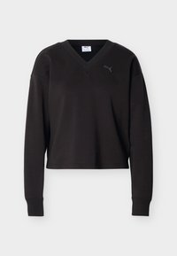 Μαύρο cropped φούτερ με μακριά μανίκια, V-λαιμόκοψη και μικρό λογότυπο Puma στο αριστερό στήθος, τοποθετημένο σε λευκό φόντο.