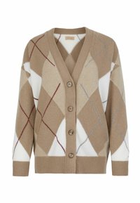 Beżowy kardigan z diamentowym wzorem w odcieniach brązu, bieli i niebieskiego. Posiada dekolt w serek, pięć guzików oraz ściągacze na mankietach.