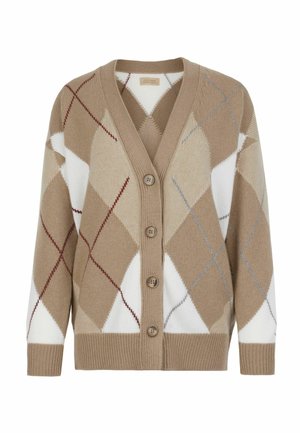 Beige kofta med ett diamantmönster i nyanser av brunt, vitt och blått. Har V-ringning, fem knappar och ribbade muddar.
