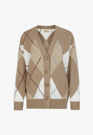 Beżowy kardigan z diamentowym wzorem w odcieniach brązu, bieli i niebieskiego. Posiada dekolt w serek, pięć guzików oraz ściągacze na mankietach.
