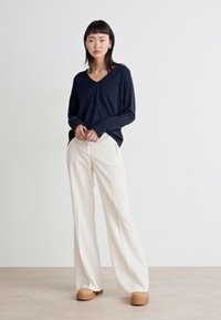 Must have mustavärvi V-kaelusega pikkade varrukatega topp, mis on koos valgete laia jala pükstega ja heledate pruunide platvormkingadega. Sujuv kangas, pehme tekstuur ja puhtad jooned.