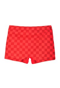 Rode ruitjes zwemshorts gemaakt van soepel, elastisch materiaal. Kenmerken een zachte tailleband en een ontwerp tot halverwege de dijen met een matte afwerking.