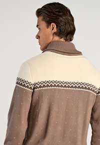 Gebreide trui met een hoge kraag, een kleurenschema in roomwit en bruin, een geometrisch patroon op de schouders en gestructureerde accenten overal.