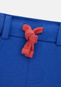 Vita in tessuto blu con un cordino intrecciato rosso annodato. Include dettagli cuciti e passanti per la cintura su una superficie di tessuto liscia.