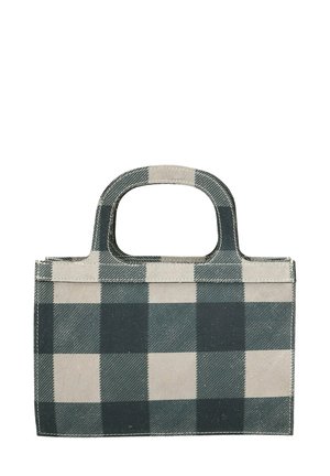 Kleine rechthoekige tas van katoen in een groenachtig en beige ruitpatroon, met twee ronde handvatten en zichtbare stiksels.