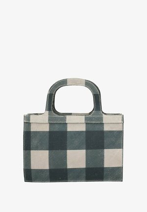 Petit sac rectangulaire en coton avec un motif à carreaux vert et beige, doté de deux poignées arrondies et de détails de couture visibles.