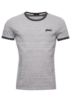 Grå bomulds-t-shirt med rund hals og korte ærmer. Har kontrasterende mørke kanter og et lille logo på brystet.