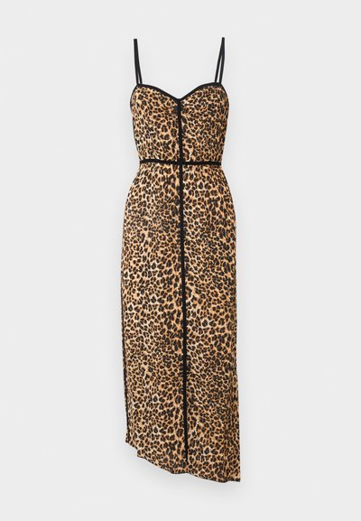 Hame vestido sin mangas con estampado de leopardo y acentos negros; corsé ajustado, falda acampanada y abertura lateral. Hecho de una tela ligera y texturizada.