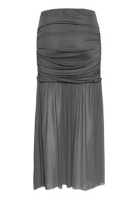 Jupe maxi gris foncé avec texture froncée à la taille, section inférieure fluide et transparente, et finition en tissu lisse.