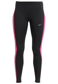 Musta urheiluleggarit, joissa on vaaleanpunaiset sivupaneelit, valmistettu venyvästä kankaasta. Edessä hopeinen Nike-logo. Sileä pinta, istuva muotoilu.