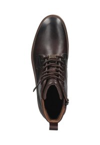 Bottine en cuir marron avec bout rond, lacets à l'avant et petite boucle au talon. Présente des surfaces lisses et texturées.