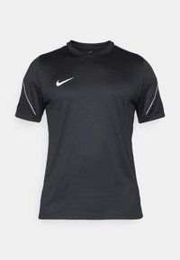Μαύρο αθλητικό μπλουζάκι Nike κατασκευασμένο από ύφασμα που απορροφά την υγρασία, με κοντά μανίκια, λαιμόκοψη και λευκές διακριτικές ρίγες στους ώμους.