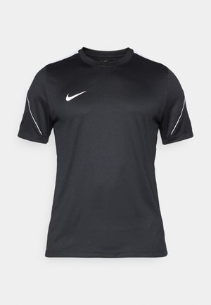 T-shirt de sport noir Nike en tissu évacuant l'humidité, avec des manches courtes, un col rond et des rayures blanches sur les épaules.
