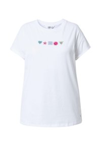 T-shirt en coton blanc avec des manches courtes et un col rond. L'avant présente cinq symboles colorés brodés : cœur, étoile, carré, smiley, triangle.
