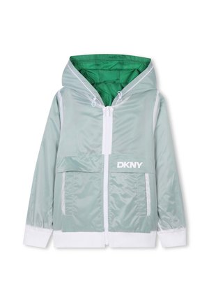 Lichtgroene windbreaker met capuchon, witte rits en branding. Beschikt over elastische manchetten en een ruime voorkauw. Vlotte, glanzende textuur.