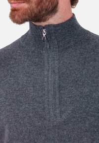 Grauer Pullover mit Reißverschluss aus weichem Strickstoff, mit hohem Kragen und einem halblangen Reißverschluss am Hals.