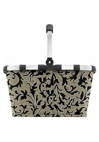Cesta de compras con un diseño floral negro y beige, marco de aluminio resistente y un mango retráctil. La tela texturizada añade durabilidad.