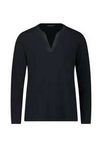 Svart långärmad topp med V-ringning, med en glansig kant runt halsringningen. Tillverkad av mjukt tyg med en avslappnad passform.