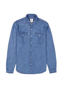 Lichtblauwe denimshirt met lange mouwen, knoopsluiting aan de voorkant, twee borstzakken en details in westerse stijl op de schouders. Glad textuur.