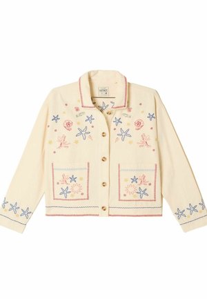 Cremefarbene Knopfleistenjacke mit roten, blauen und gelben bestickten maritimen Motiven, darunter Seesterne, Korallen und Muscheln, mit zwei Fronttaschen.