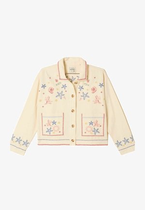 Cremefarbene Knopfleistenjacke mit roten, blauen und gelben bestickten maritimen Motiven, darunter Seesterne, Korallen und Muscheln, mit zwei Fronttaschen.