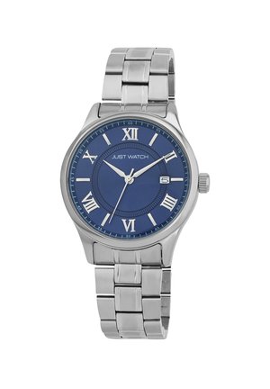Men's analog watch with a stainless steel band, blue dial, Roman numerals, date display, and silver-tone accents.