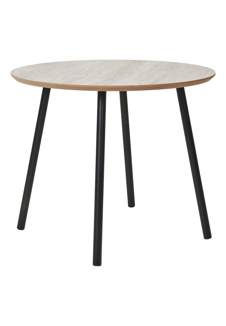 Runder Tisch mit einer Tischplatte aus hellem Holz und drei schwarzen Metallbeinen. Glatte Textur mit einer natürlichen Holzmaserung. Robustes und minimalistisches Design.
