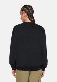 Black sweatshirt with a ribbed neckline and long sleeves. The back is plain and features a loose fit, paired with light-colored cargo pants.