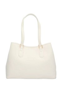 Borsa a tote bianca con texture, manici lisci e dettagli in metallo dorato, caratterizzata da un design semplice e ampio.