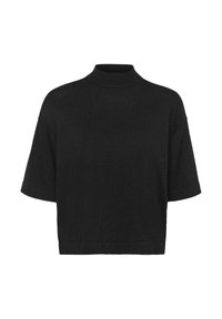 Zwarte kortemouwen top met een hoge hals, met een losse pasvorm en een licht gestructureerde stof die een subtiele glans creëert.