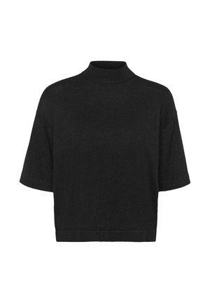 Haut noir à manches courtes avec un col montant, présentant une coupe décontractée et un tissu légèrement texturé, créant un éclat subtil.