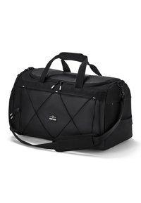Black duffel bag with textured fabric, dual handles, adjustable strap, zippered compartments, featuring a diamond-patterned design.