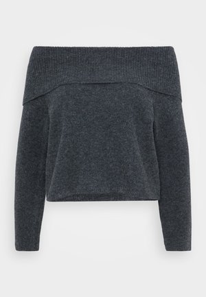 Félvállas sötétszürke pulóver, bordázott nyakkivágással és hosszú ujjal. Puha tapintású és laza fazon, a kényelmes megjelenés érdekében tervezve.