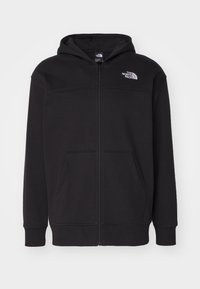 Felpa nera con zip, realizzata in tessuto morbido e resistente, dotata di cappuccio, tasche frontali e un piccolo logo sulla parte superiore sinistra.