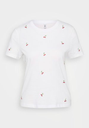 White cotton t-shirt with short sleeves, featuring scattered red cherry embroidery; round neckline; soft texture; casual fit.