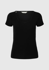 Sort kortærmet t-shirt med rund halsudskæring og tætsiddende design. Fremstillet af glat, strækbart stof med en afslappet silhuet.