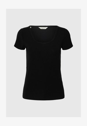 Sort t-skjorte med korte ermer og rund halslinning samt en figursydd design. Laget av glatt, elastisk stoff med en avslappet silhuett.