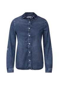 Denim shirt in donkerblauw, met een puntige kraag, lange mouwen, een knoopsluiting aan de voorkant en een rechte onderkant. Eenvoudige stiksel details.