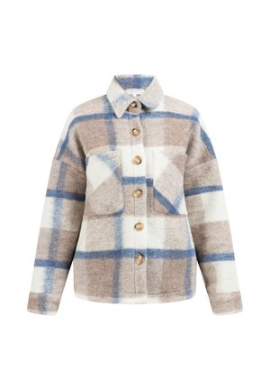 Plaid jacket in wool blend, featuring a beige, blue, and white color scheme. Notable buttons and two chest pockets enhance design.