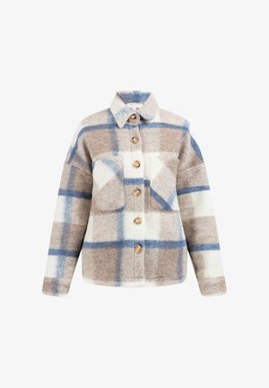 Gecoate plaid jasje in een wolmix, met een beige, blauwe en witte kleurenschema. Opvallende knopen en twee borstzakken verbeteren het ontwerp.
