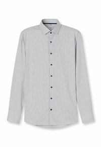 Hellblau-weiß gestreiftes Langarmhemd mit Button-Down-Kragen und marineblauen Knöpfen. Glatter Stoff mit schmaler Passform.