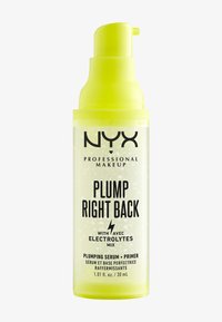 Sérum NYX Plump Right Back dans un flacon translucide avec une pompe jaune vif. Le texte affiche le nom du produit et les détails en gras noir.