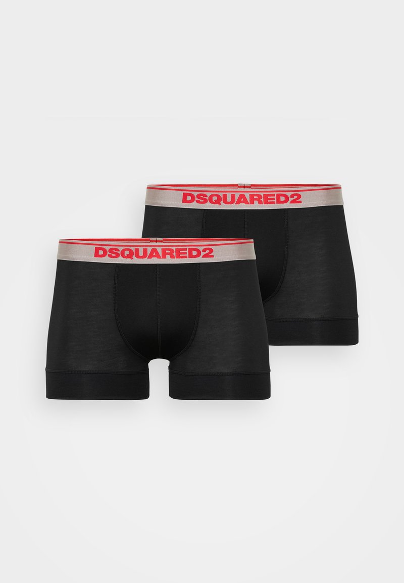 Boxer in nero con design aderente, dotati di una vita grigia con il logo rosso "DSQUARED2". Texture liscia, stile minimalista.