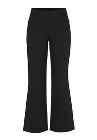 Schwarze ausgestellte Hosen aus dehnbarem Stoff mit einem breiten Bund und glatter Textur, die für Komfort und Beweglichkeit sorgen.