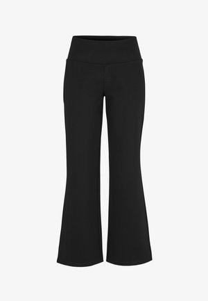 Schwarze ausgestellte Hosen aus dehnbarem Stoff mit einem breiten Bund und glatter Textur, die für Komfort und Beweglichkeit sorgen.