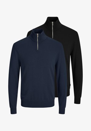 Deux pulls à manches longues avec demi-fermeture éclair, l'un bleu marine et l'autre noir, dotés de poignets et col côtelés, présentés sur un fond blanc.