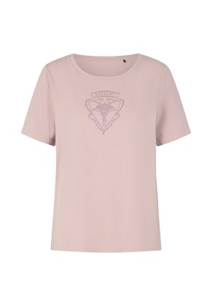 Helles Rosa T-Shirt mit kurzen Ärmeln und rundem Ausschnitt, das in der Mitte vorne ein dezentes JOOP!-Logo und ein florales Emblem zeigt.
