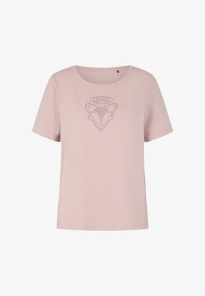 Helles Rosa T-Shirt mit kurzen Ärmeln und rundem Ausschnitt, das in der Mitte vorne ein dezentes JOOP!-Logo und ein florales Emblem zeigt.