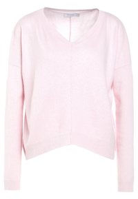 Różowy sweter dziany z dekoltem w kształcie V, opadającymi ramionami oraz krótkim fasonem z prążkowanymi mankietami i dolnym wykończeniem. Miękka tekstura i lekki materiał.
