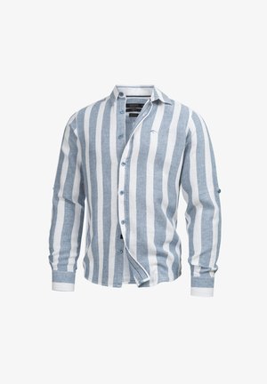 Hellblau und weiß gestreifte Button-Down-Hemd aus Leinen mit langen Ärmeln und Kragen. Verfügt über dezente Markenkennzeichnung und blaue Knöpfe.